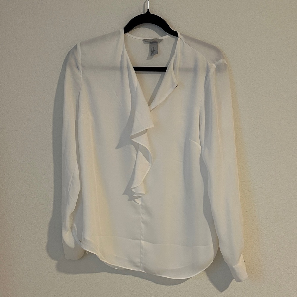 H&M White Ruffle Front Blouse